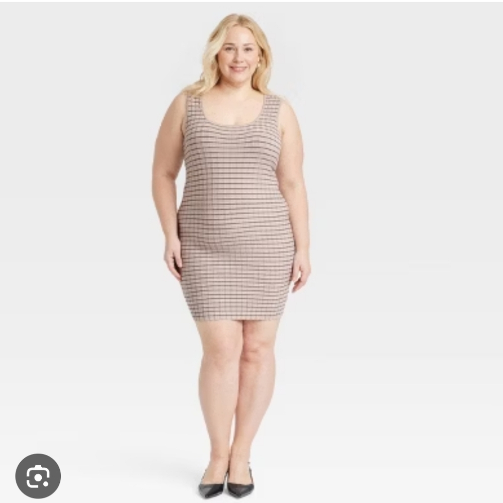 A New Day Beige & Blue Tank Checkered Ribbed Striped Sweater Knit Dress XL